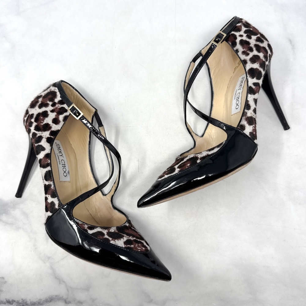 Jimmy Choo Mallow Leopard Calf Hair Patent Leather Pointed Toe Pump Heels Black